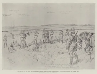 Lord Roberts und sein Stab beobachten den Rückzug der Buren vom Sand River; General French verfolgt den Feind am äußersten linken Flügel